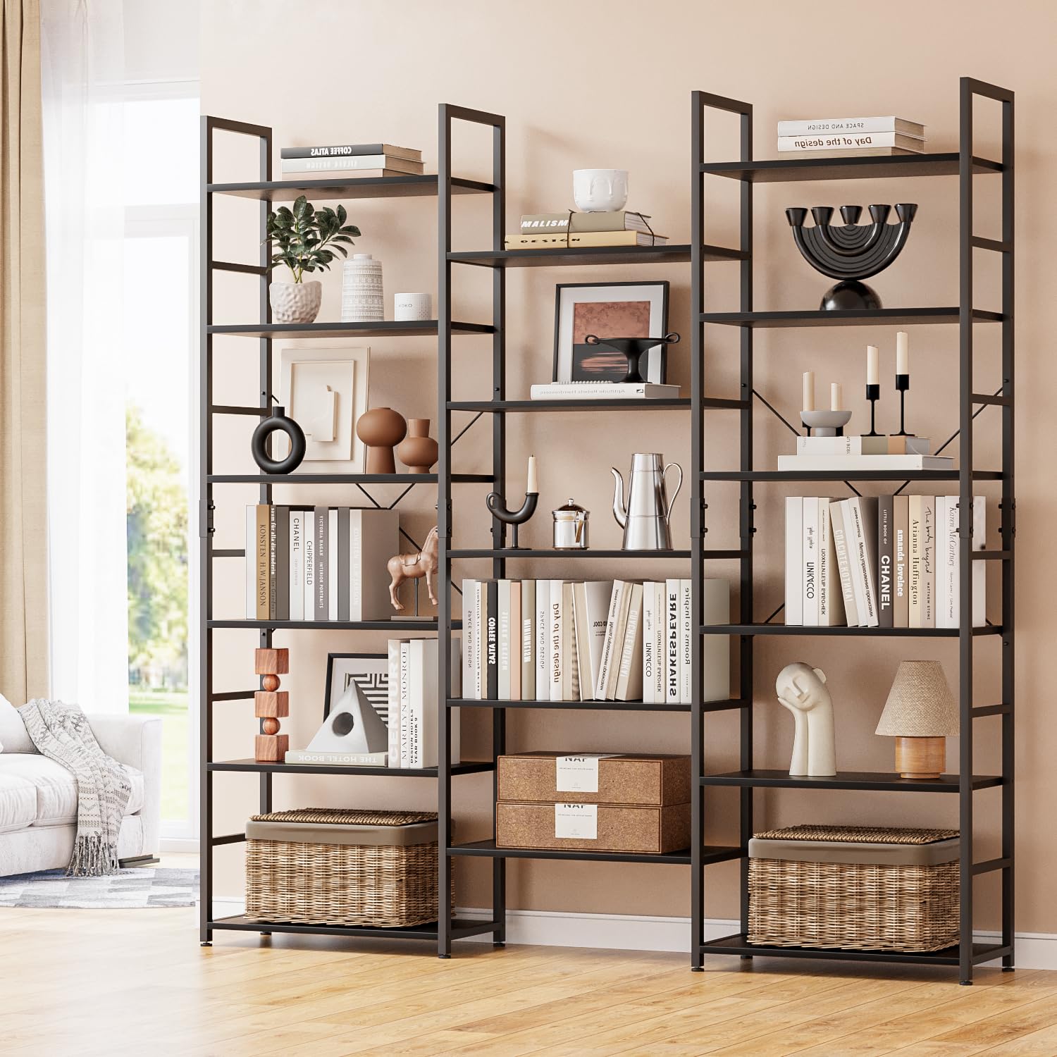 NUMENN Triple Column 6 Tier Bookshelf, Bookcase with 17 Open Display Shelves, Adjustable Rustic Industrial Style Book Shelves, Modern Bookshelves for