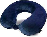 Brookstone Travel Neck Pillow: Lightweight Stuffable Memory Foam U-Shaped Pillow with Fleece Casing for Airplane Neck Support, Blue