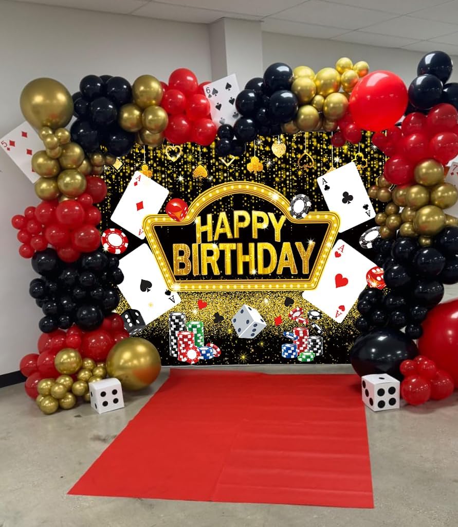Casino Birthday Backdrop Las Vegas Casino Night Theme Gold Glitter Photography Background Poker Dice Happy Birthday Banner Adult Party Decorations Photo Props (8x6FT)