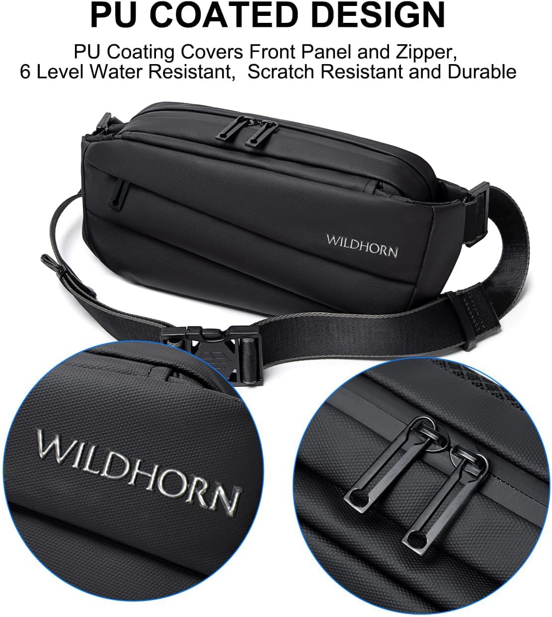WILDHORN Large Fanny Pack for Men Stylish Mobile Chest Bag Sling Bag for Men Crossbody Multi-Pocket Waist Pouch for Daypack Water-Resistant Shoulder Side Bag for Travel, Black, M, Fashion Waist Packs