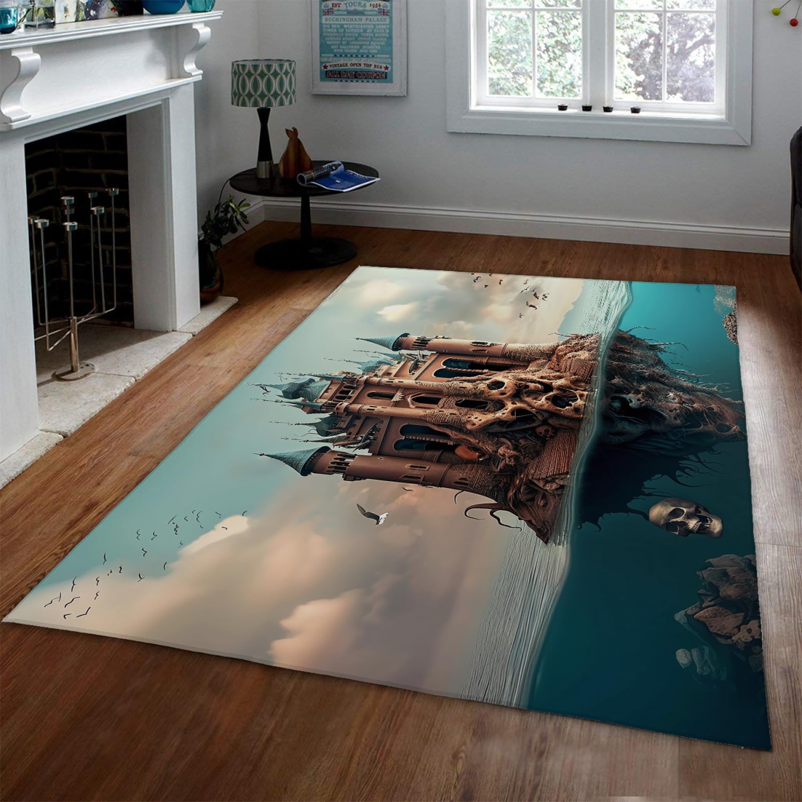 Tapis gothique château bleu paysage océan rétro antidérapant 180cm
