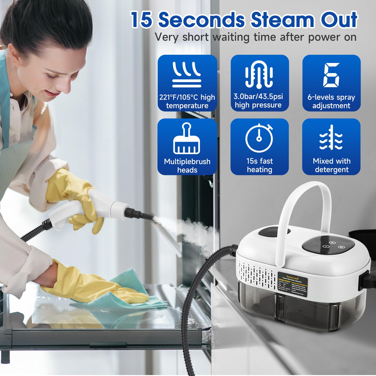 Limpiador a Vapor con 5 Cabezales, 1100ml Vaporeta Limpieza Hogar Potente 2500W, 6 Velocidades, Portátil Máquina de Limpieza a Vapor Presurizada de Alta Temperatu para Cocina, Baño, Coches