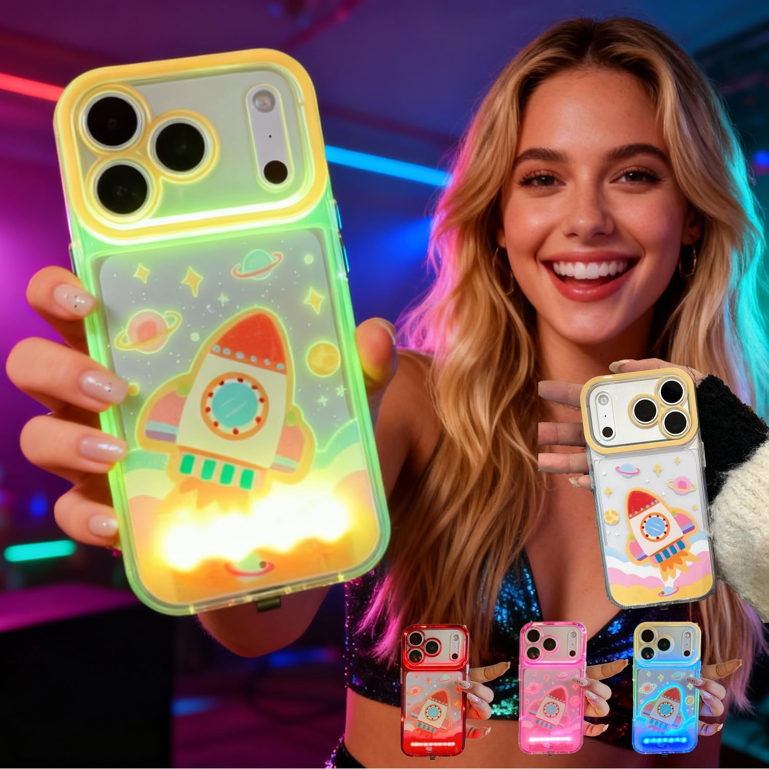 Vibrant LED Bowknot Phone Case for iPhone 11-17 Pro Max, Built-in Light-Up Phone Case, Fashion LED Flash Protective Cover, Perfect for Parties and Daily Use(Rocket,iPhone Xs)