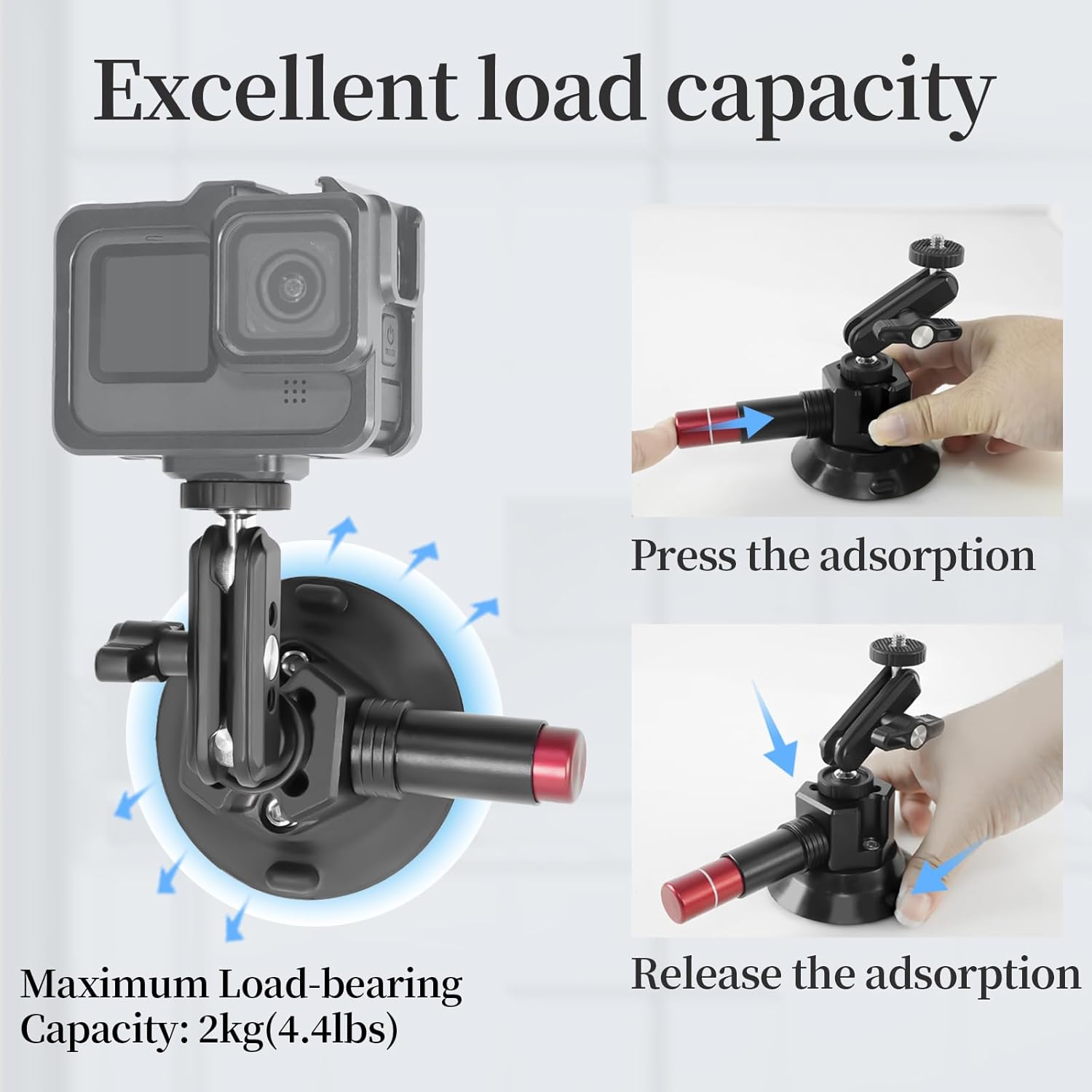 CNC Machined 3in Suction Cup Camera Mount with Ball Head Magic Arm, 1/4" ARRI Holes, Quick Release Car Mount with Phone Holder & Action Camera Adapter Compatible with DJI OSMO Pocket 3 Insta360 iPhone - Image 2