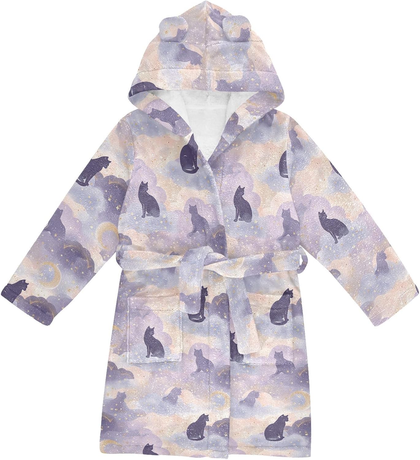 senya Moon Star Cat Toddler Hooded Bathrobe Kids Soft Plush Bath Towel Robes for Boys Girls 2-12 Years
