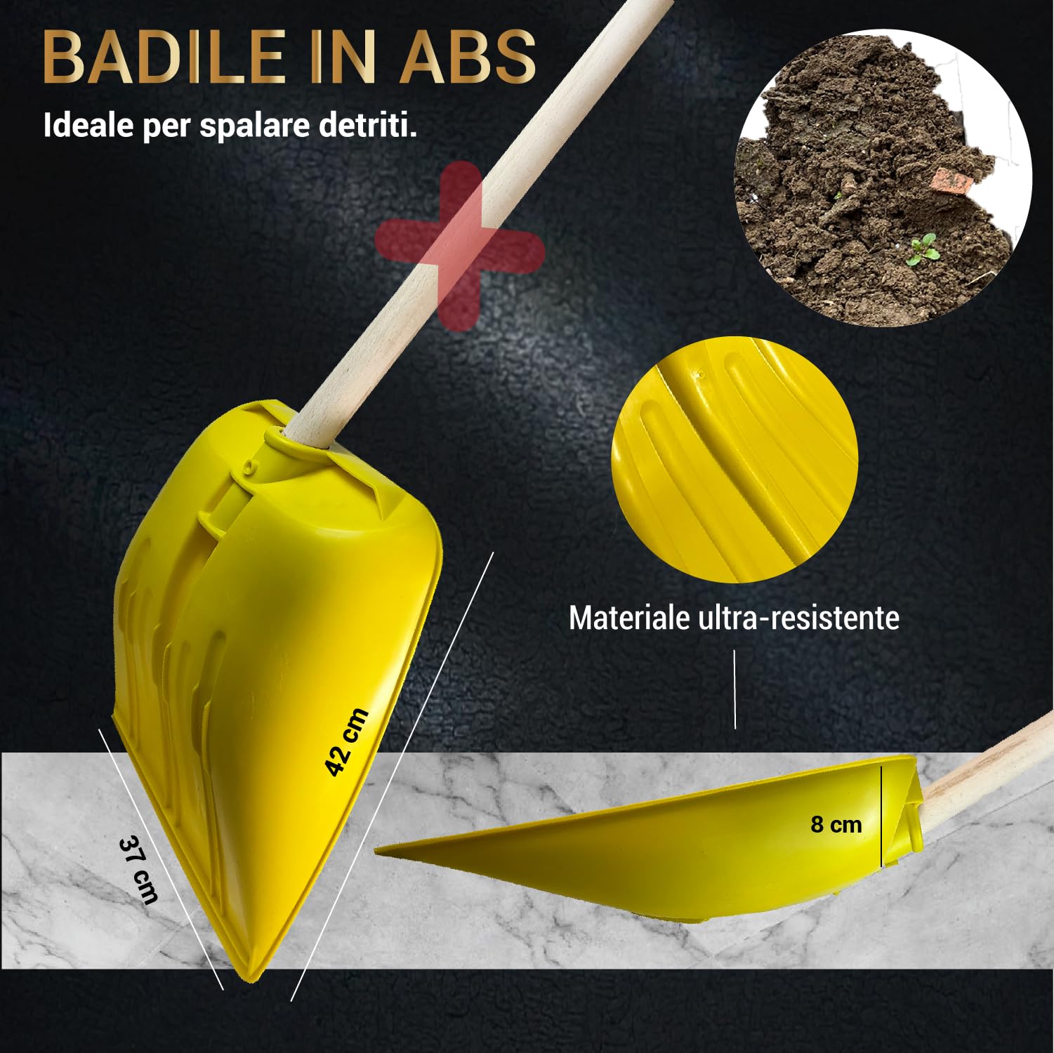 CRISALIDE® Badile in ABS Giallo – Pala Professionale Leggera e Resistente per Neve, Terra e Detriti – Materiale Antiurto – Ideale per Giardinaggio e Lavori Domestici – Manico non incluso