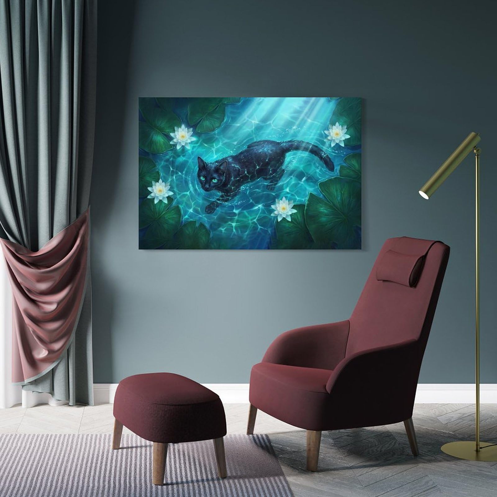 Junmoney Frame-Style-9-1 Canvas Wall Picture Ethereal Black Cat Swimming In Bioluminescent Turquoise Water Lily Pond, 24X36inch(60X90cm), For Bedroom, Lounge Or Dressing Area, Stylish Decor For A Restful Room Update
