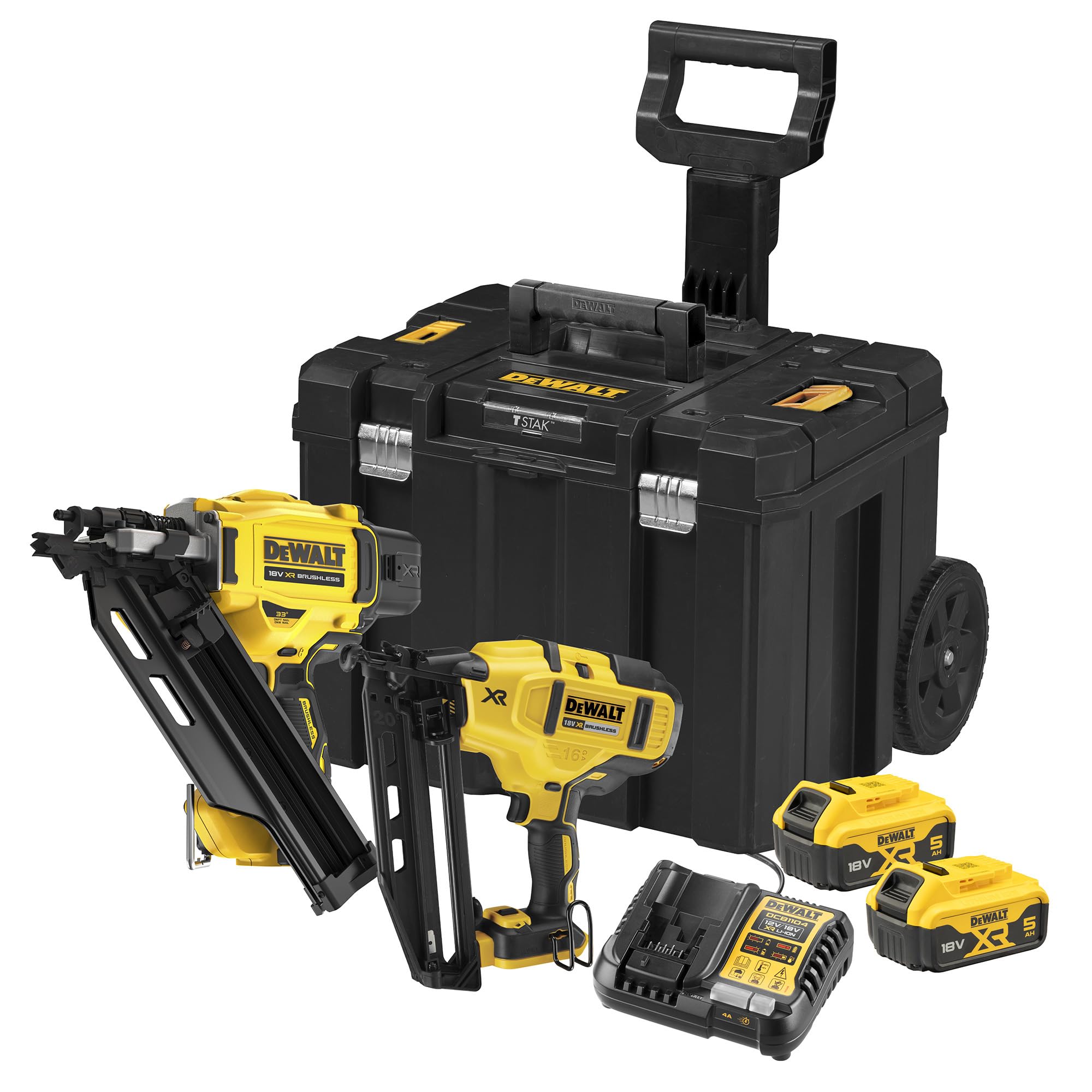 DEWALT Kit doppio di chiodatrici senza spazzole 18V XR con 2 batterie da 5,0Ah, caricabatterie e valigetta TSTAK, spina UE, DCK246P2T-QW