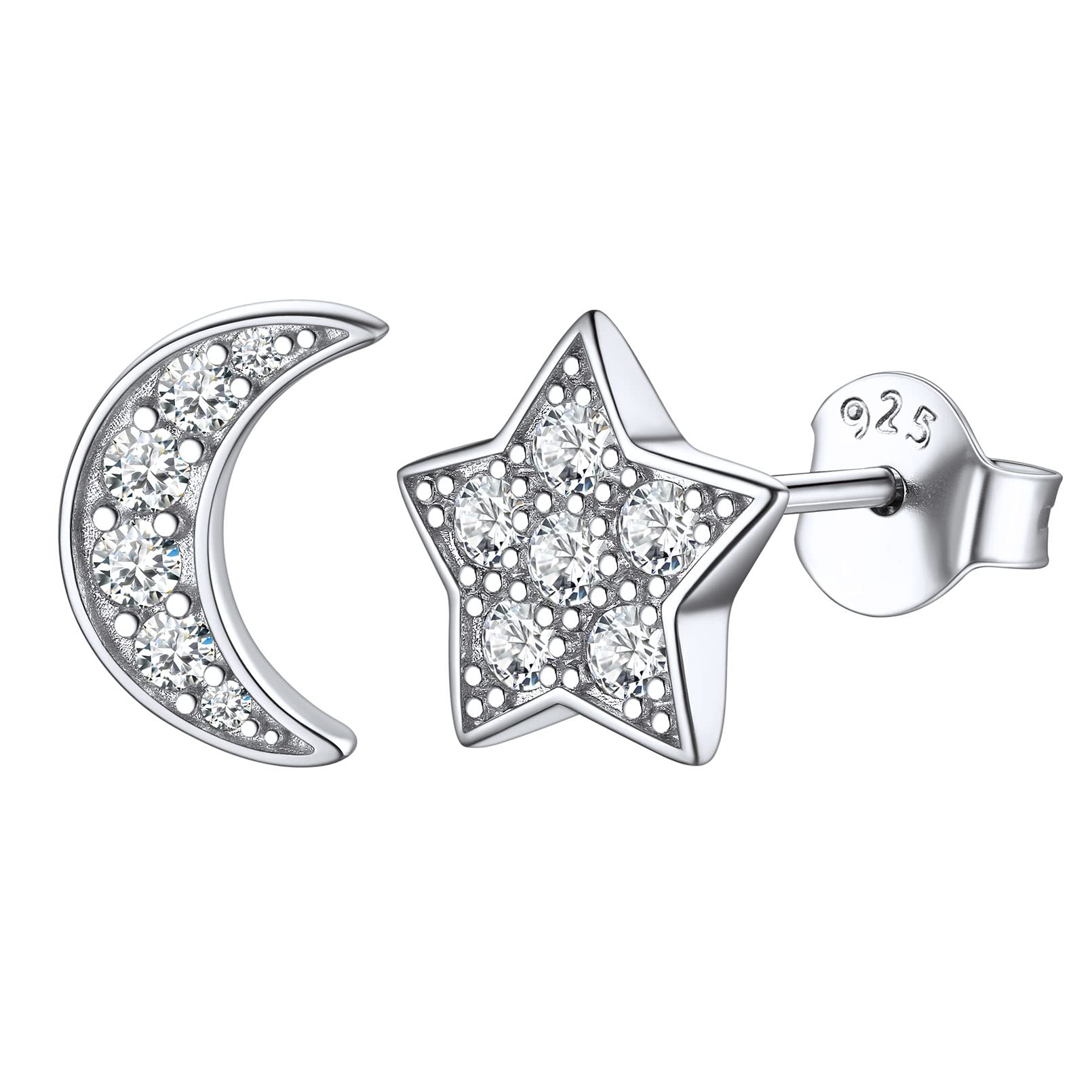 ChicSilverPendientes Brillantes Plata de Ley 925 para Mujeres Diseño Luna/Estrella/Corazón/Círculo/Relámpago/Barra Aretes Pequeños Hipoalergénicos para Parejas Joyería Delicada para Madres