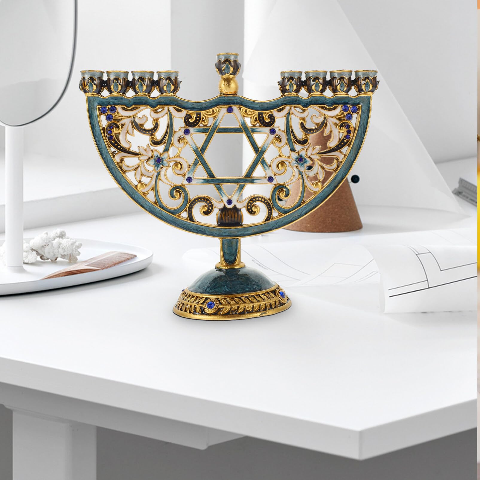 HOMSFOU Retro Decor Hanukkah Menorah Jewish 9 Branch Candlestick Candle Holders Enamel Menorah Candelabra Taper Candle Holder Menorah for Hanukkah Holiday Party Wedding ations