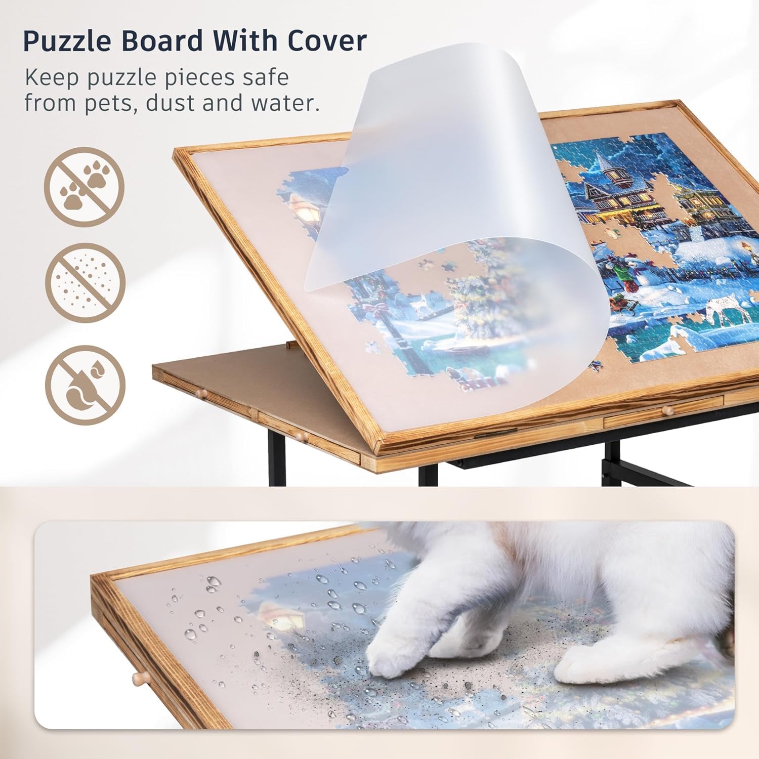 Puzzlebrett mit 4 Schubladen und PVC-Abdeckung, kippbares Puzzlebrett mit Höhenverstellung für bis zu 1500 Teile, mit 4 Rollen