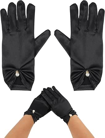 JAWSEU Short Satin Gloves Silk Opera Gloves 1920s Vintage Tea Party Dance Gloves Women Girls Bride Wedding Evening Gloves For Wedding Prom Opera Party, Black
