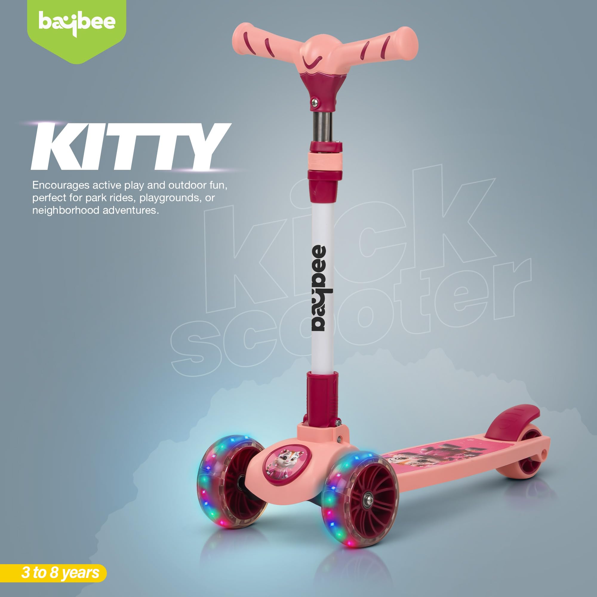 Baybee Kitty Kick Scooter for Kids | Foldable 3 Wheel Kid Scooter with 4 Height Adjustable Handle & Brake | Skate Scooters with LED PU Wheels | Runner Scooters for Kids 3 to 10 Years Boys Girls (Pink) - Image 9 thumbnail