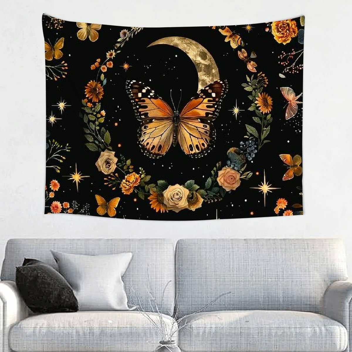 KANXLAN Butterfly Crescent Stars Tapestry Wall Hanging, Versatile Decorative Blanket for Bedroom, Living Room, Dorm, Cozy Home Decor 40 * 30in