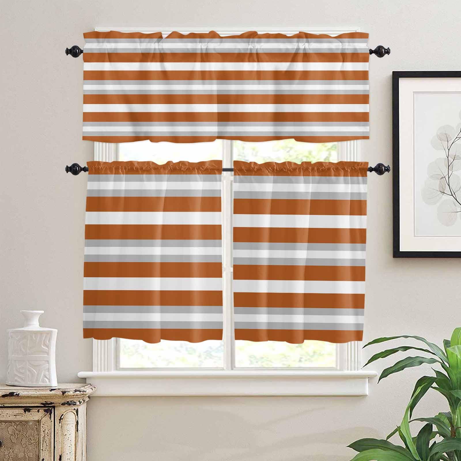Burnt Orange Grey Stripe Kitchen Curtains 24 Inch Length,3 Piece Rod Pocket Small Half Tiers and Valance Set,Minimalist Farmhouse Striped Small Large Window Treatment Decor for Bedroom/Bathroom Sink