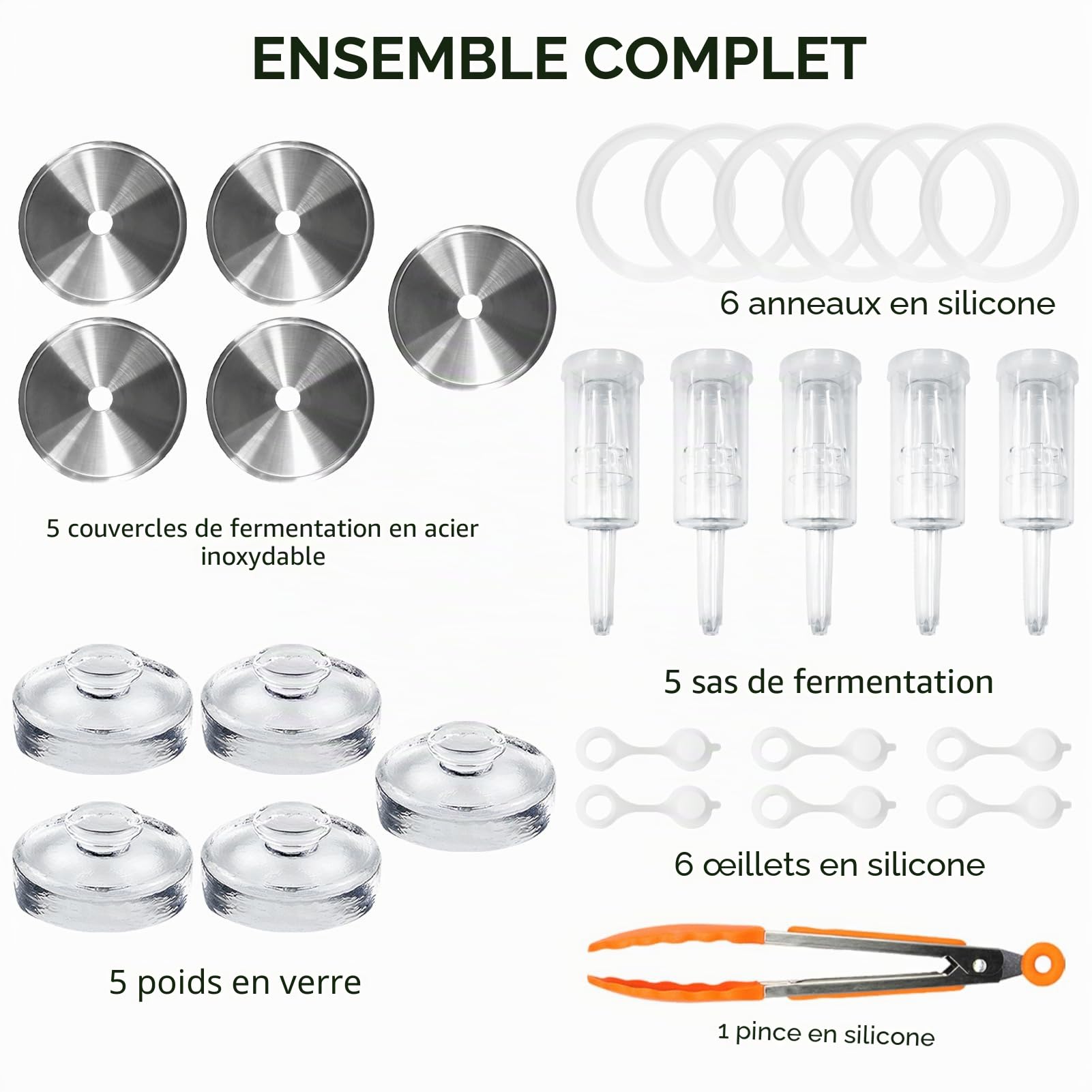 Artcome Kit de fermentation 28 pièces : 5 couvercles en acier inoxydable, 5 poids en verre, 5 sas, 6 anneaux, 6 œillets, 1 pince pour bocaux