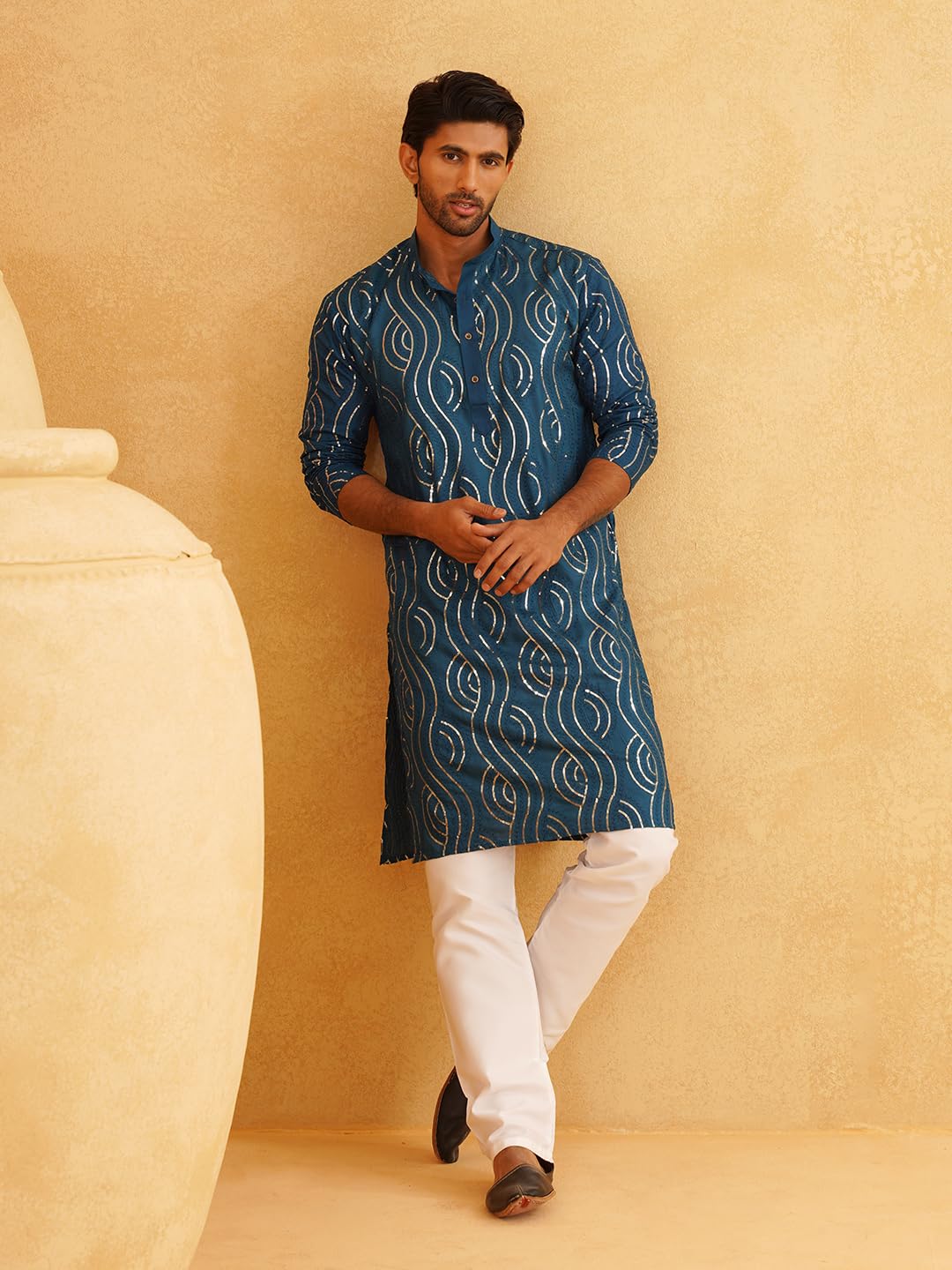 Sojanya (Since 1958 Men's Pure Cotton Tealblue Designer Kurta And White Churidar Pyjama Set