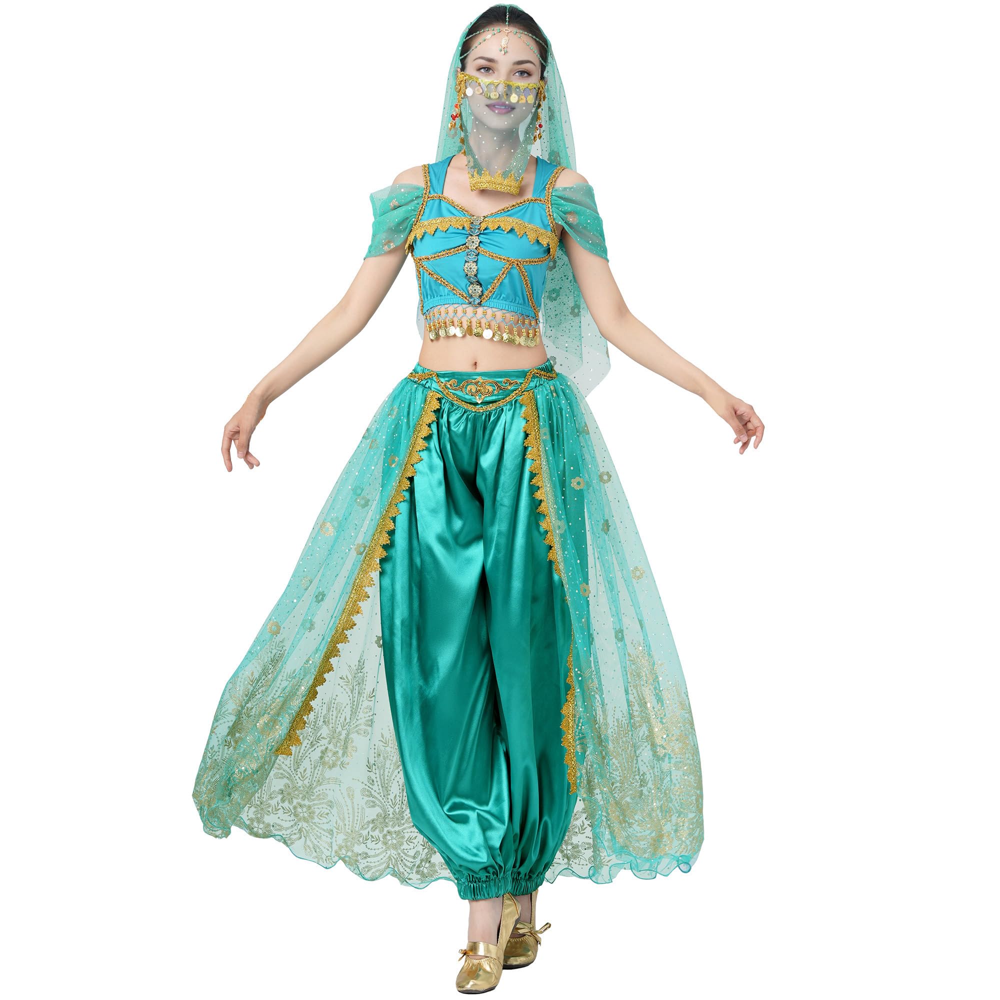 MUNAFIE Aladdin Bauchtanz Kostüm Jasmin Prinzessin Pailletten Kostüm Cosplay Halloween Karneval Geburtstag Party Outfits