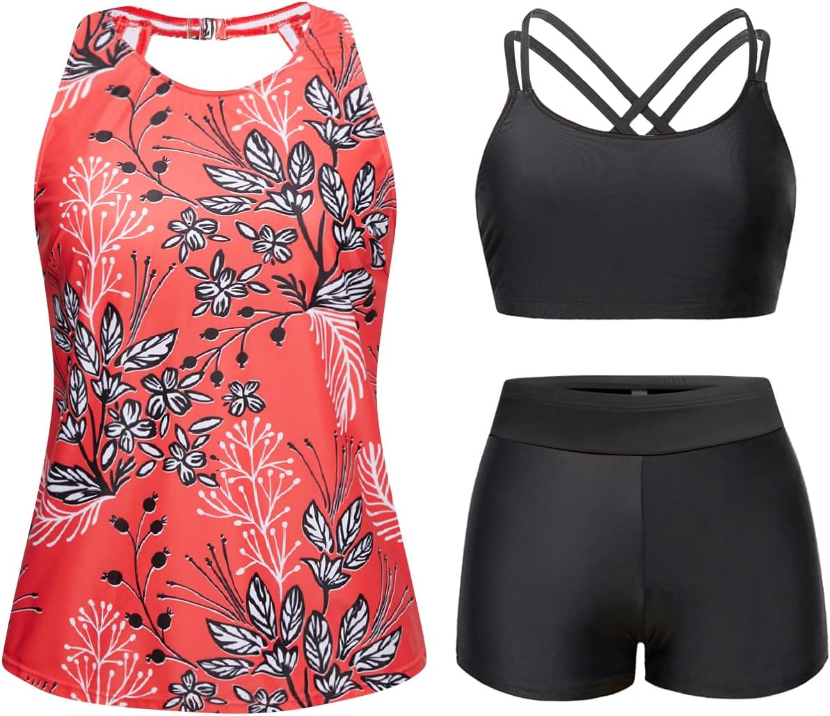 Tempt Me 3 Piece Swimsuit for Women Tankini Bathing Suit Modest High Neck Tank Tops Swimwear with Shorts