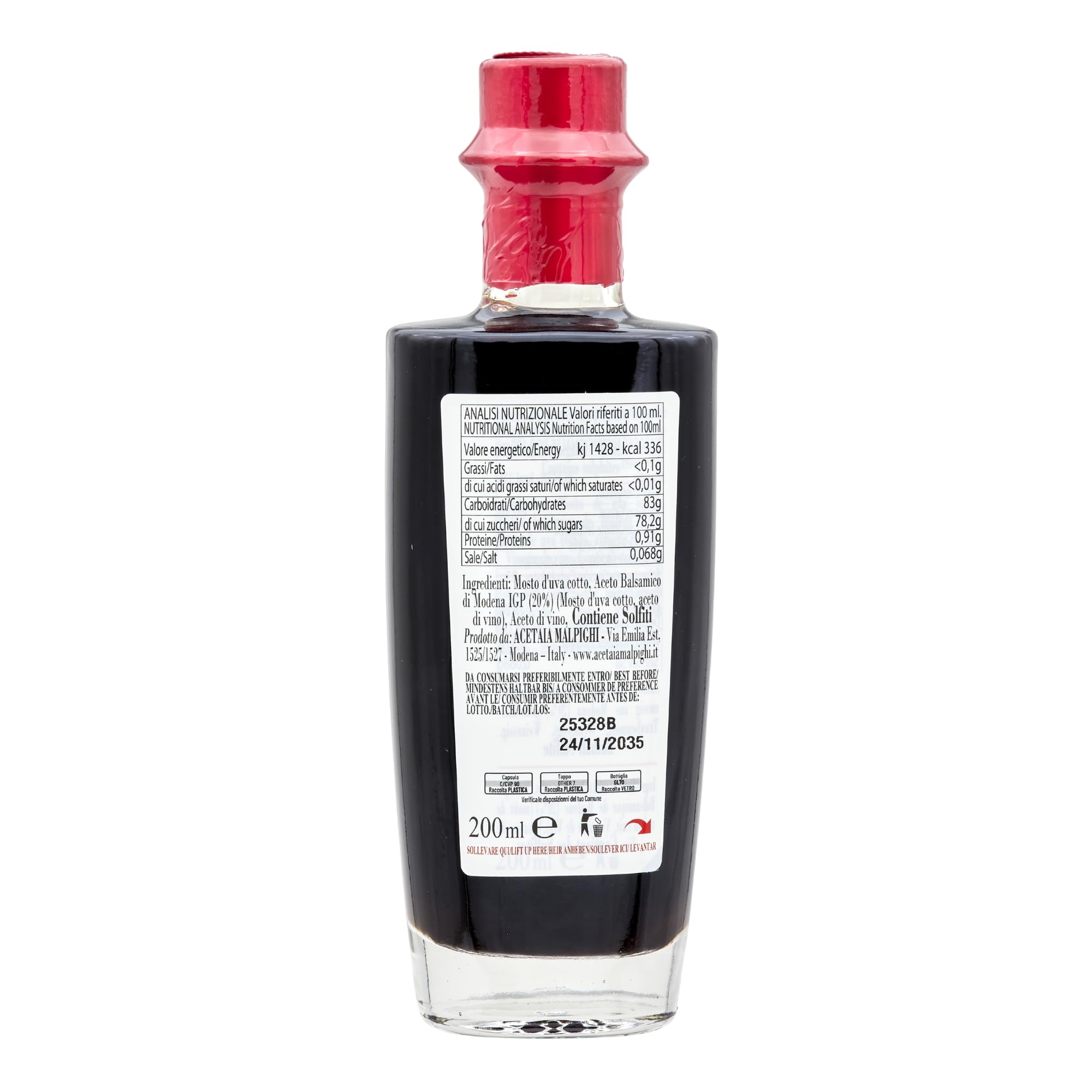 Acetaia Malpighi – Condimento all’Aceto Balsamico di Modena IGP Saporoso – 200 ml – Affinato 6 Anni in Botti di Rovere – Senza Caramello