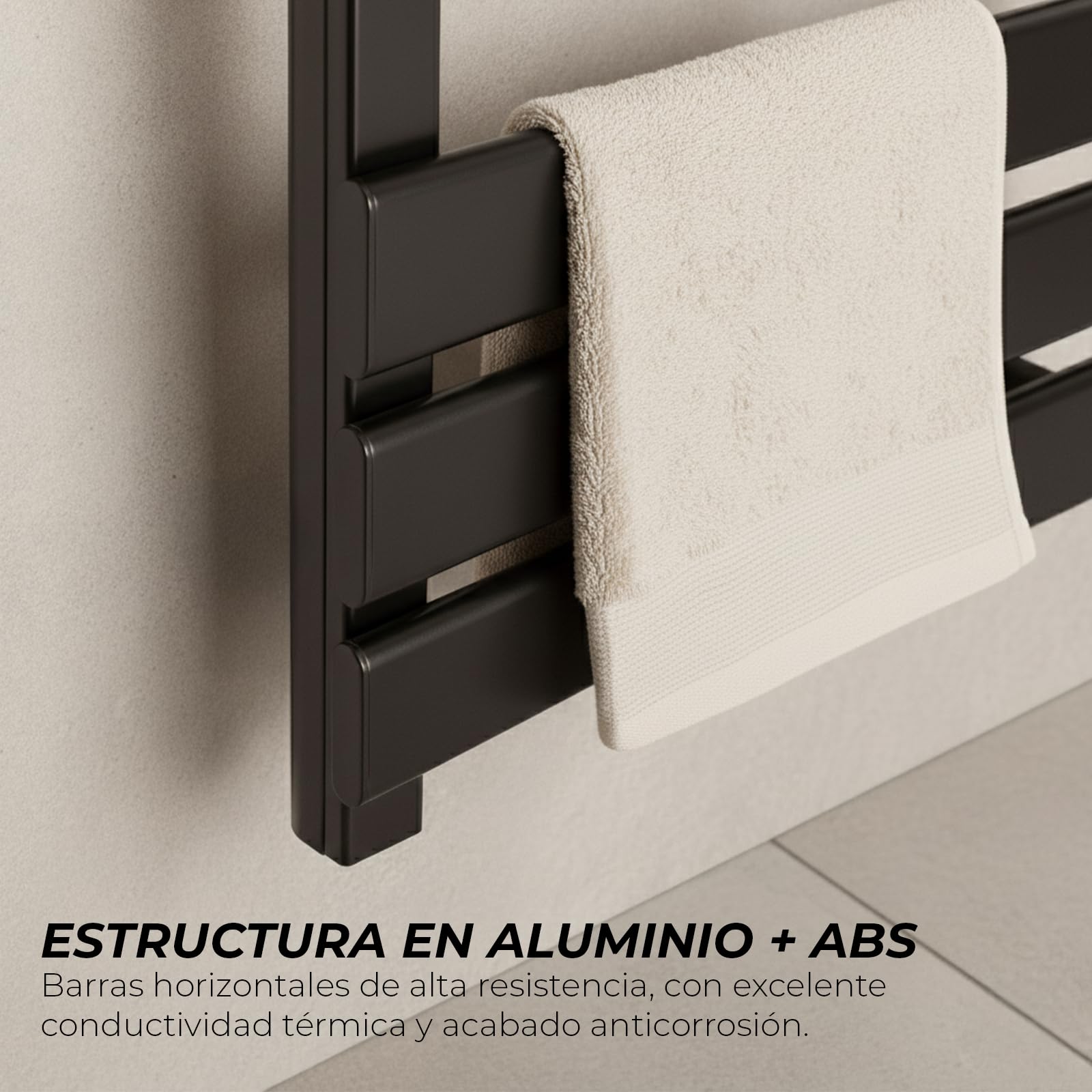 YOEVU | Radiador toallero eléctrico | 500W, Aleación de Aluminio | Temporizador LED, 2 Modos, IP24 | Calienta y Seca Toallas con bajo Consumo | Negro