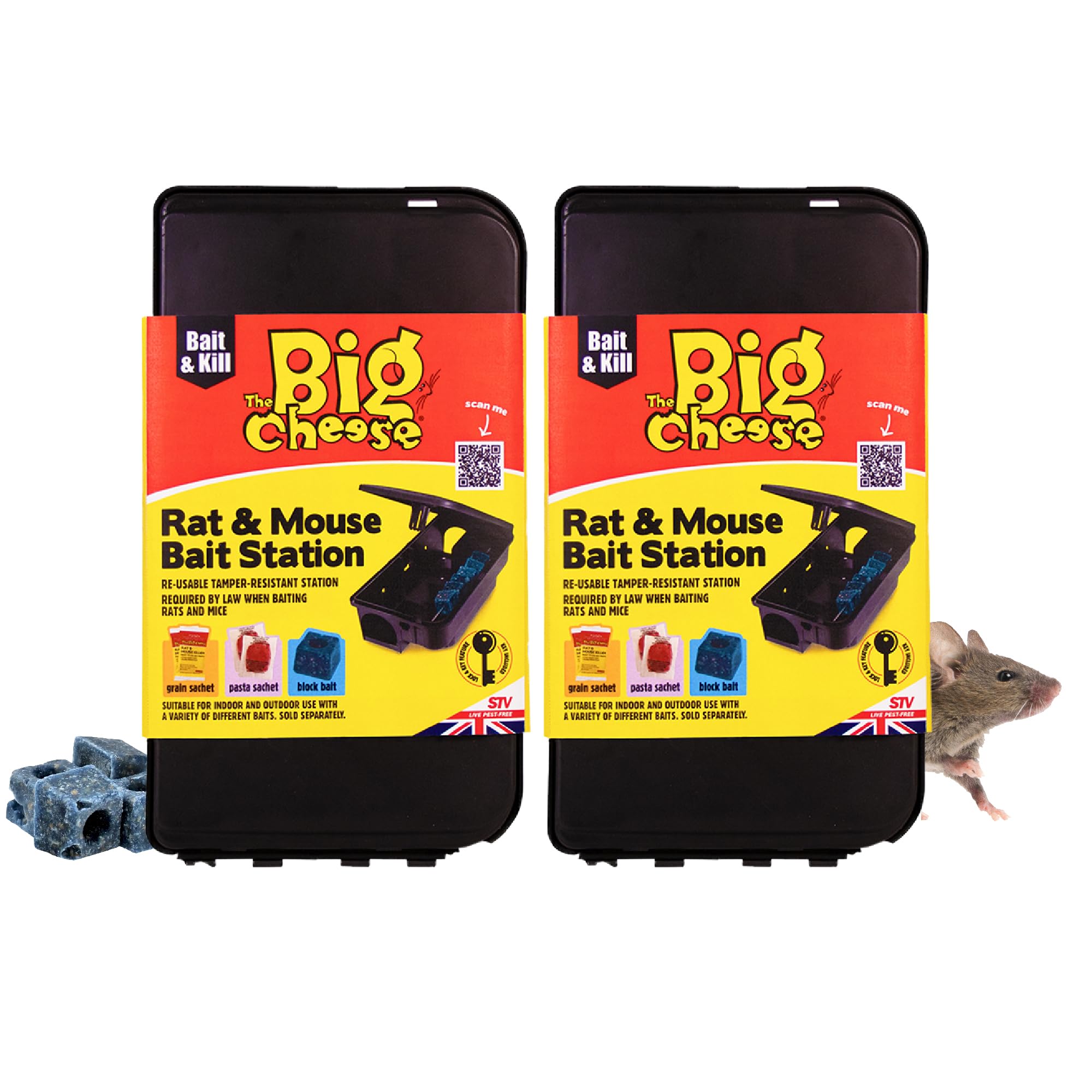 The Big Cheese Rat & Mouse Bait Station - Reusable Tamper-Resistant & Weather-Proof Rat Bait Box for Rat Poison - Lockable Lid, Compatible with Various Baits - For Indoor & Outdoor Use, Multi Pack X2