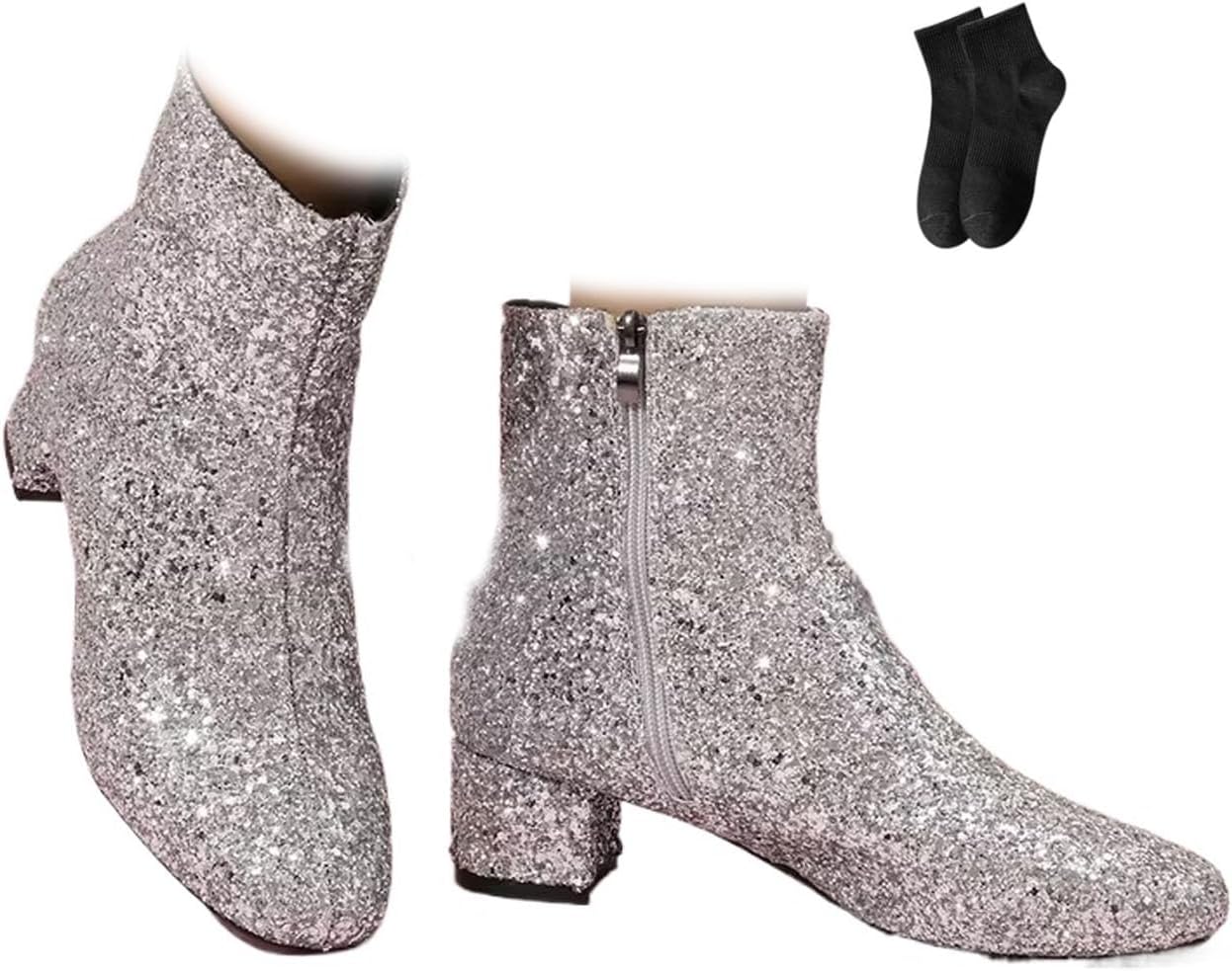 Women's Elegant Sparkling Ankle Boots with Side Zipper Chunky Heel Glitter Booties Fashion Square Toe Block Heel Platform Dress Business Party Dress Shoes