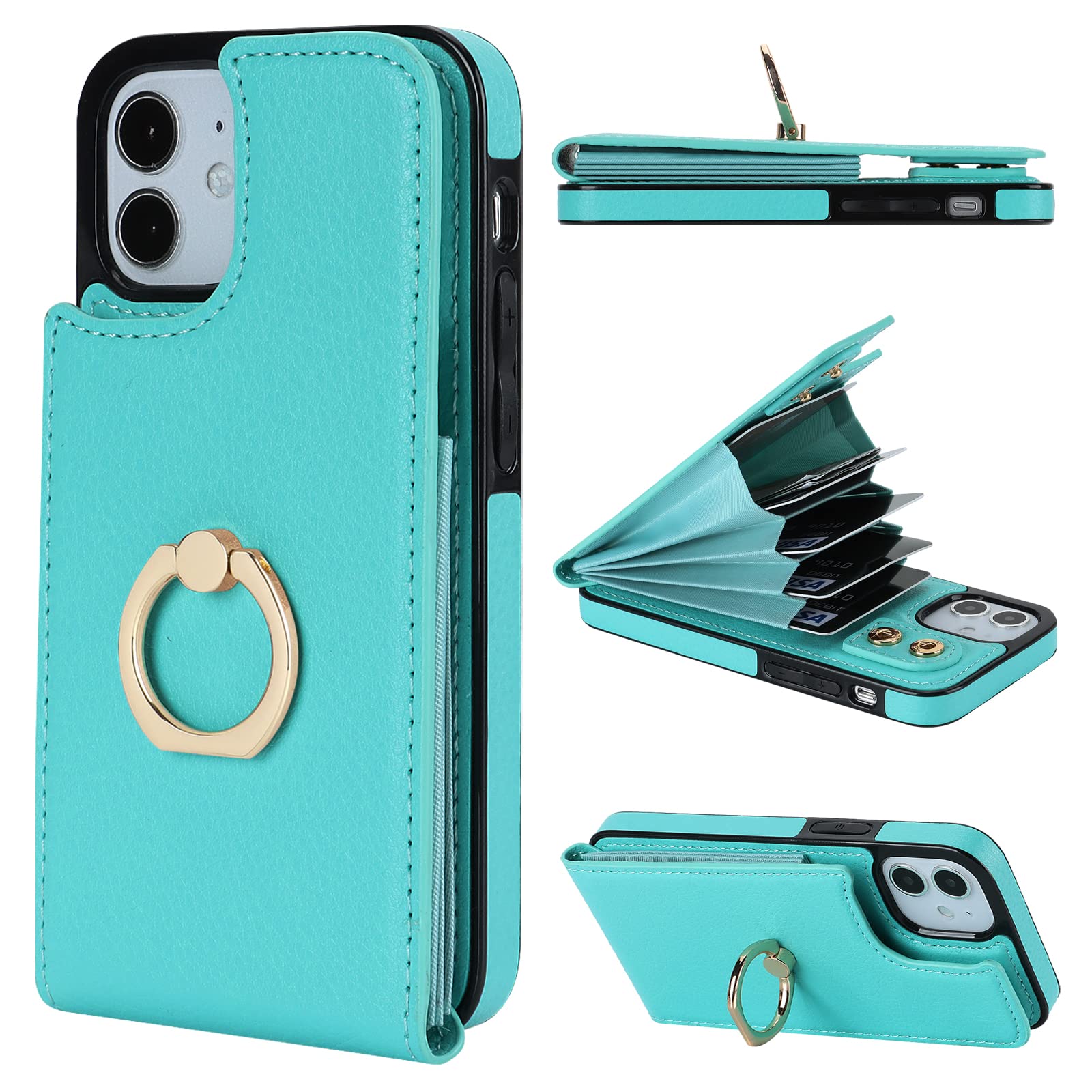 Folosu Compatible with iPhone 12 Mini Case Wallet with Card Holder, 360°Rotation Finger Ring Holder Kickstand Protective RFID Blocking PU Leather