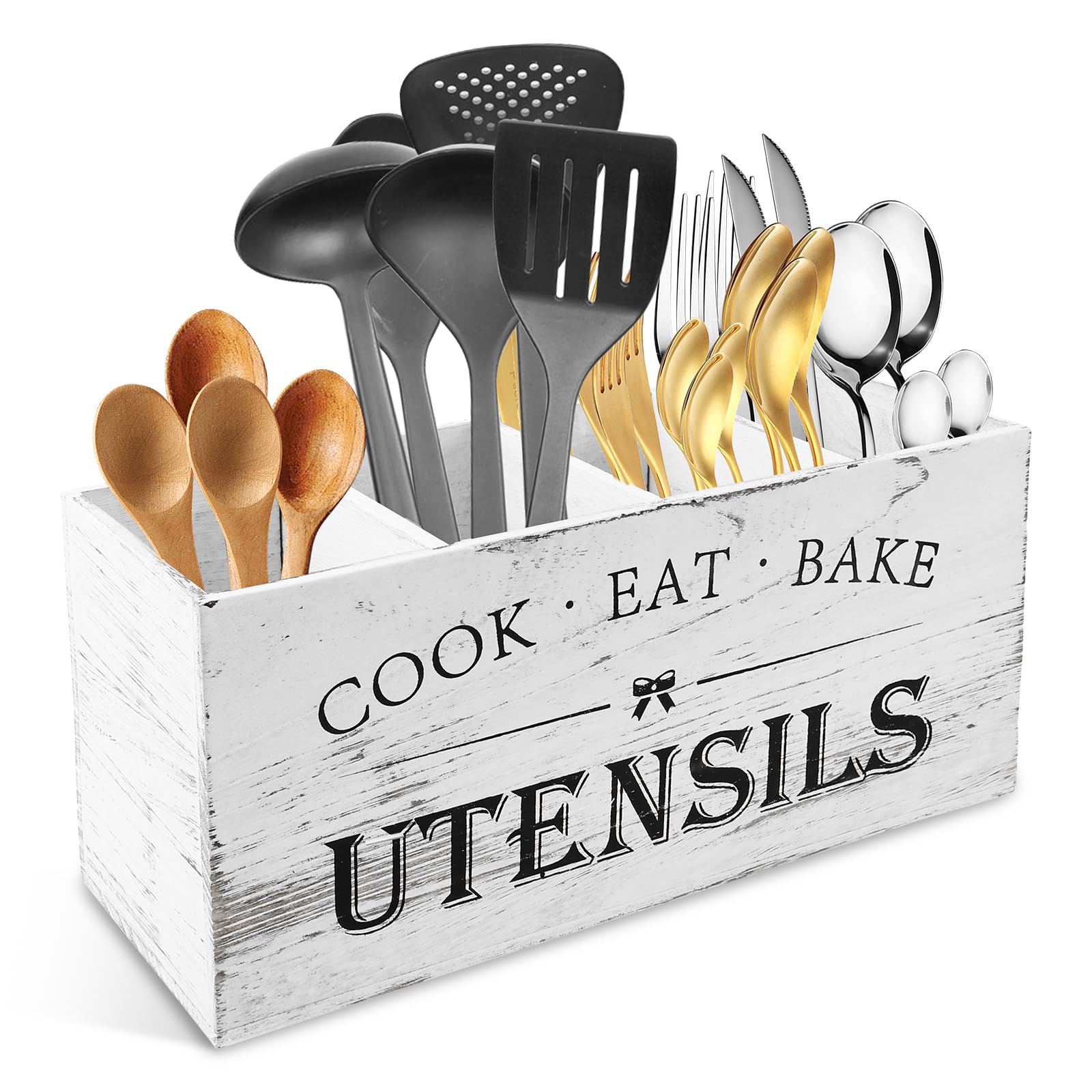 RVEFOT Wood Utensil Holder for Kitchen Counter, Extra Large Cooking Holder with 4 Compartments, Farmhouse Utensil Storage, Kitchen Tool for Spatula, Removable Divider(white)