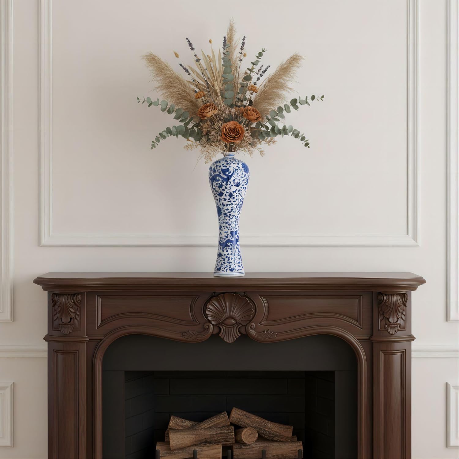 Antique Handmade Chinese Blue and White Porcelain Decorative Glazed Fish Tail Vase for Home Decor, Living Room