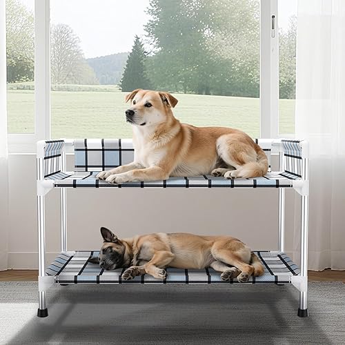 Litera para perros con ventana de noche, cama doble elevada para perros humanos con barandilla de 2 capas con ventana para perros, cuna de 2 niveles