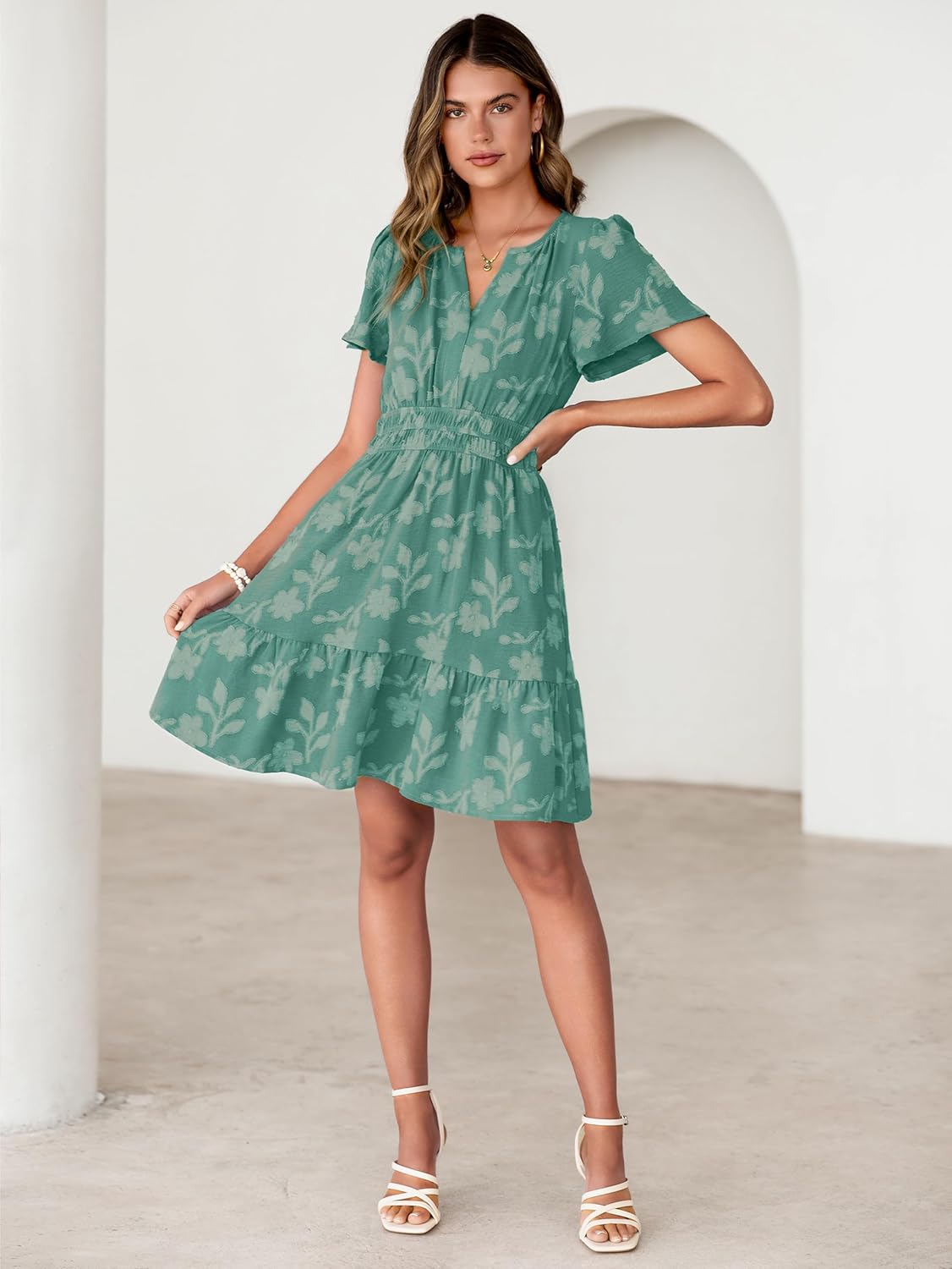 Simplee Womens Summer Floral Dress Casual Short Sleeve V Neck Empire Waist Boho Flowy A Line Mini Wedding Guest Dresses - Image 6