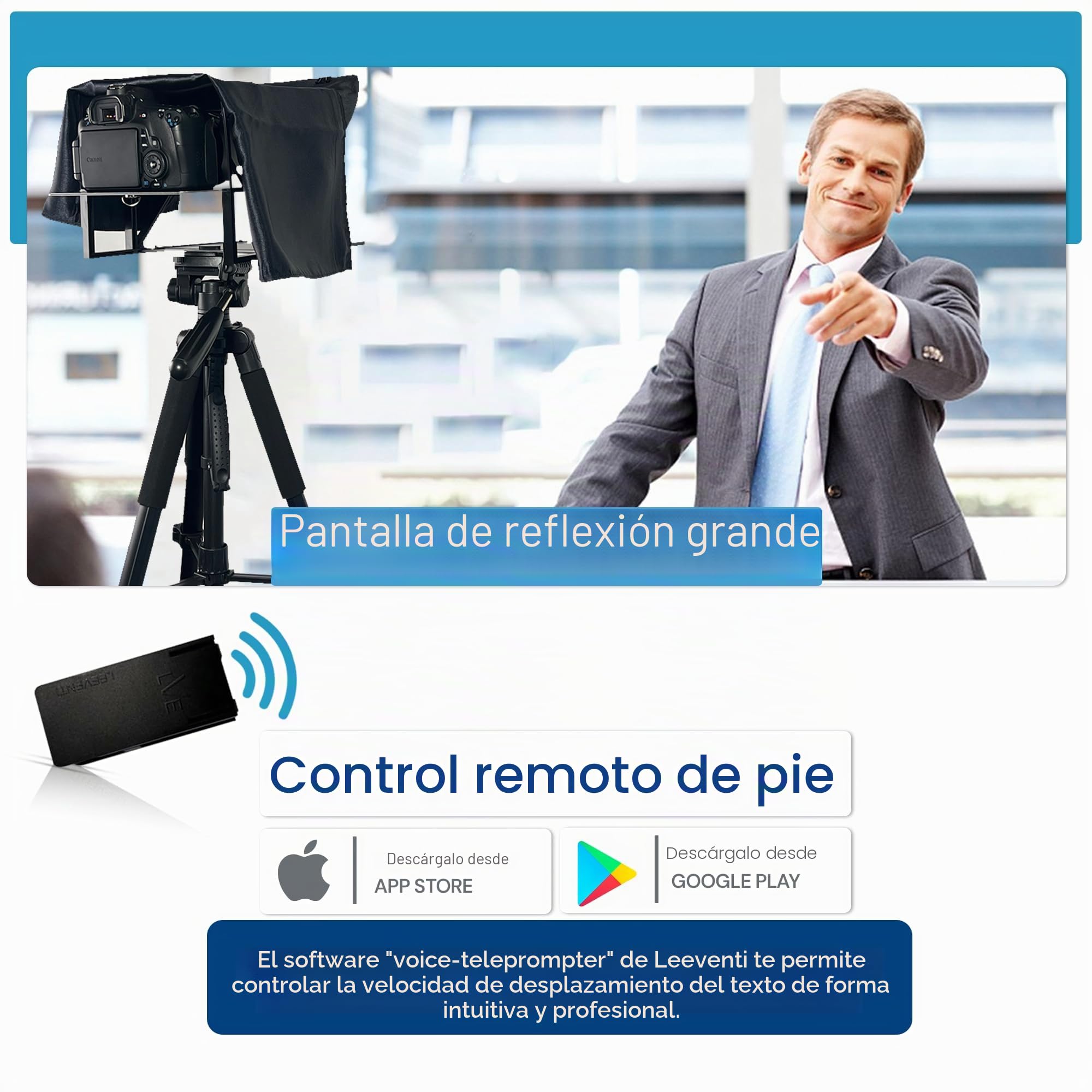 Teleprompter Compatible con IPad, Tableta, Smartphone y Cámara DSLR, Controlado Mediante Mando a Distancia o Aplicación, Android e iOS, Ideal para Grabaciones de Vídeo (5.0)