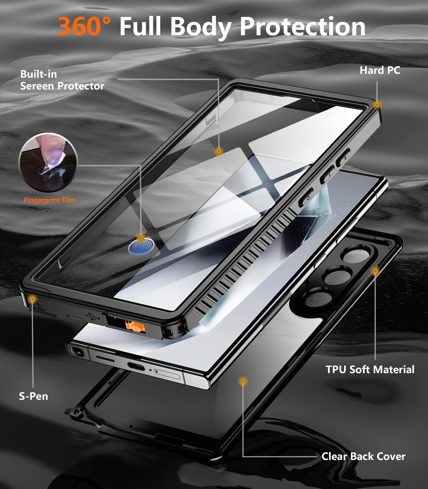 Schutzhülle für Samsung Galaxy S24 Ultra, wasserdicht, mit Gürtelclip, Holster, integriertes Objektiv und Displayschutzfolie, Militärqualität, stoßfest, sturzsicher, Ganzkörper-Handyhülle
