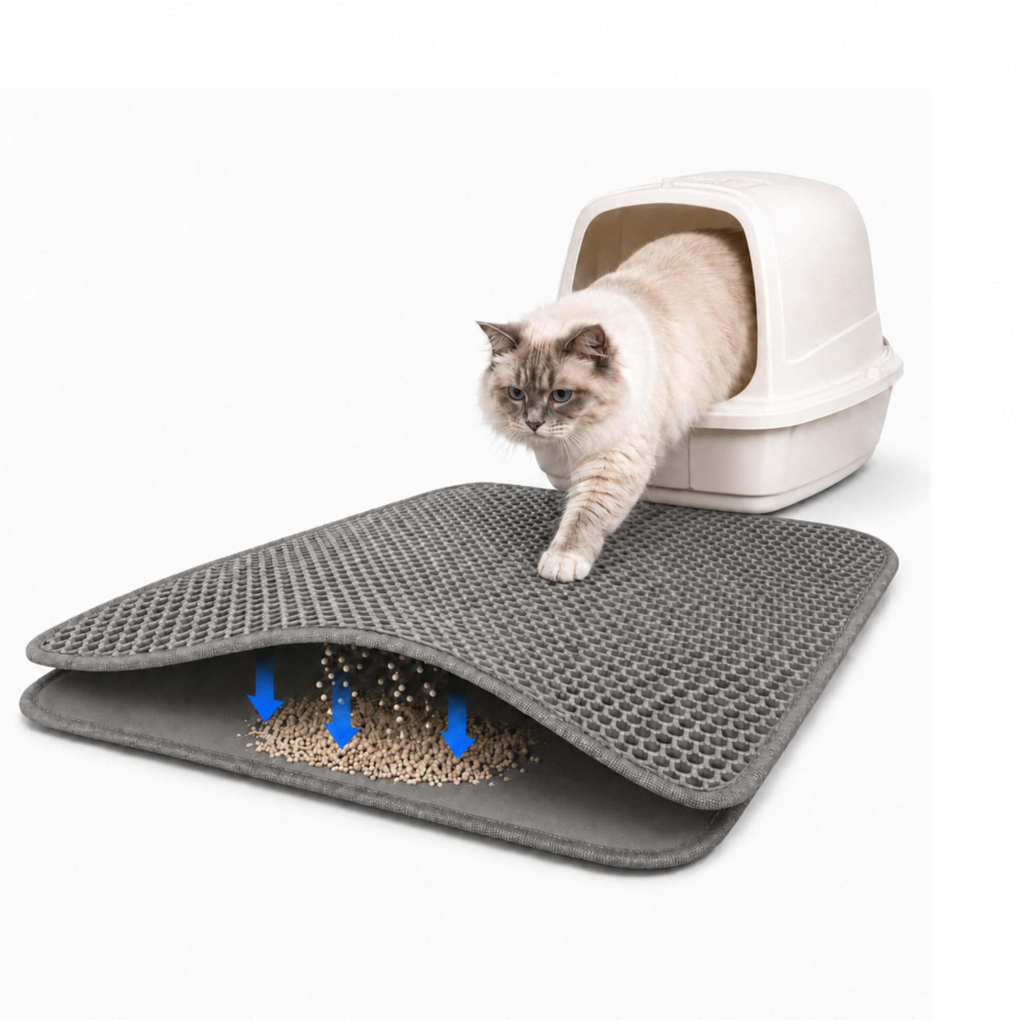 Waggle Wonders Grey Cat Litter Mat – Litter Trapping Mat For Cats, Large Litter Tray Mat, Double Layer Honeycomb Design, Waterproof, Non-Slip, Washable, Easy Clean, Soft On Paws 60 X 45 Cm)
