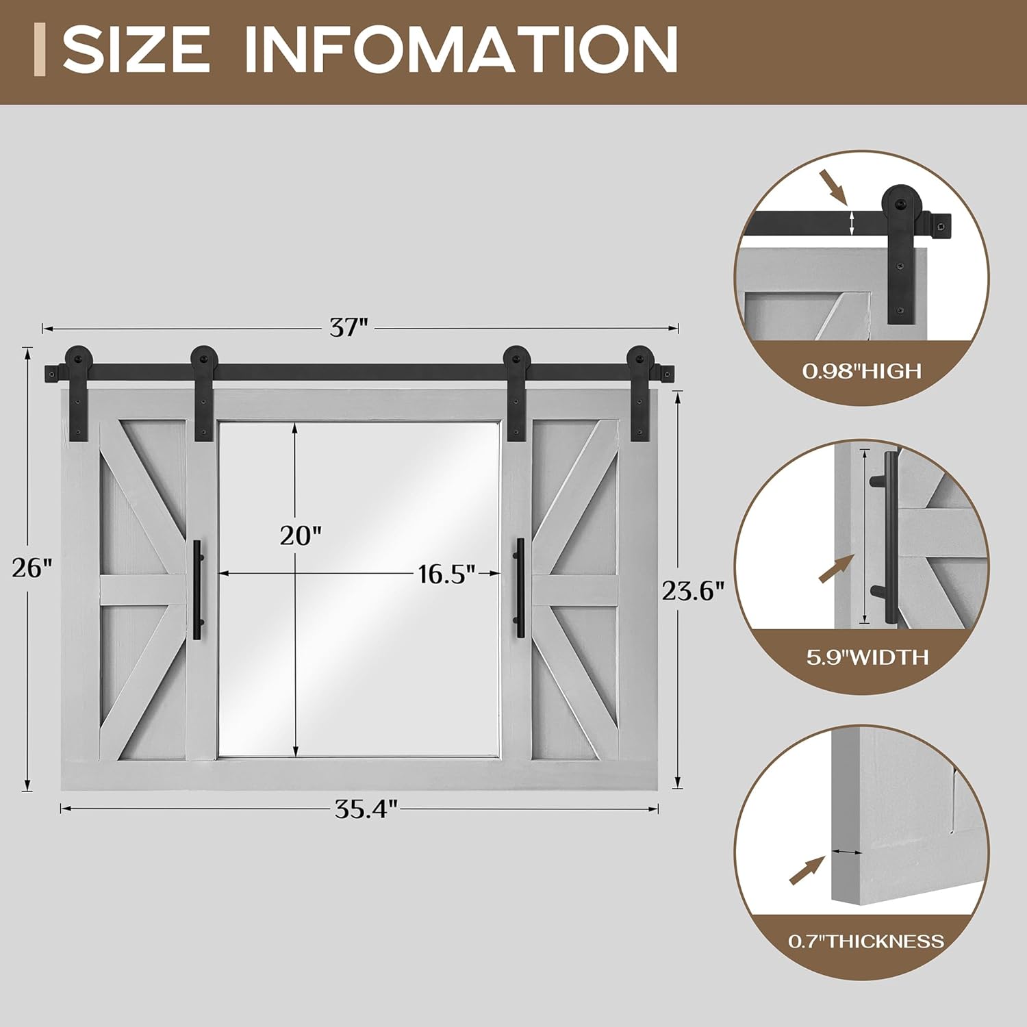 COGOOD Farmhouse Barn Door Mirror - 37" x 26" Rustic Wood Framed Mirror Wall Decor for Dining Room, Bathroom, Living Room, Bedroom Decorative, Rustic Grey