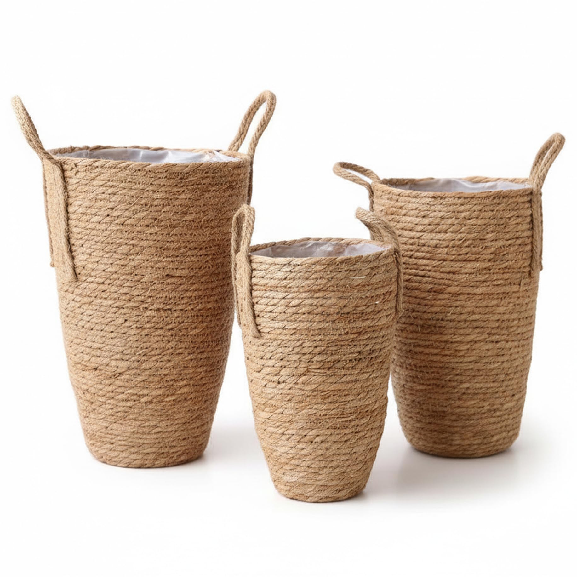 Lot de 3 Pots de Fleurs en rotin, 3 Tailles, Panier à Plantes tissé en jonc mer avec Doublure imperméable, paniers à Plantes d'intérieur avec poignée pour Balcon, décoration la Maison