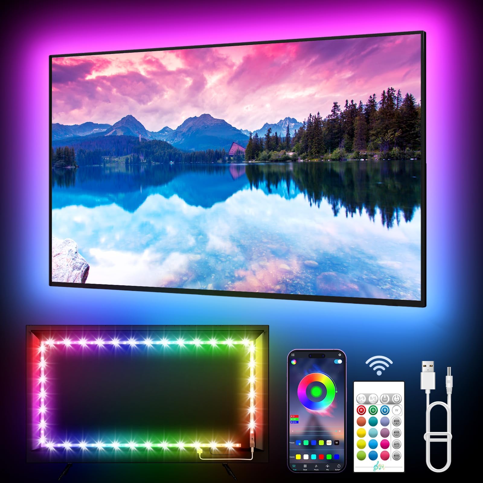 KANTUTOE TV LED Lights, 3m LED Lights for 32-45 Inch TVs, RGB TV Backlight with Remote, Colour Changing Music Sync Bluetooth APP Control Strip Lights USB Powered for Bedroom Gaming Room Decor