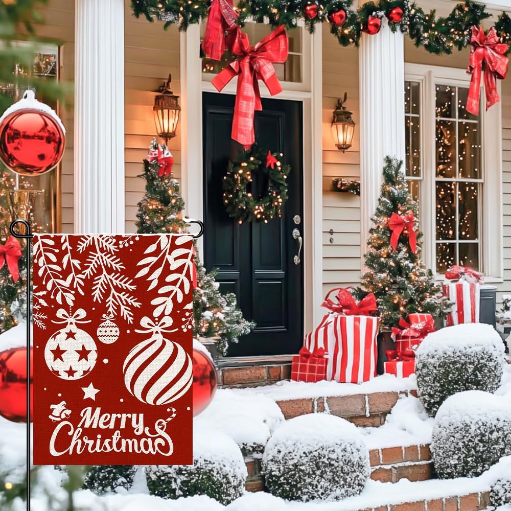 Merry Christmas Garden Flags 12x18 Double Sided Burlap, Winter Xmas Red Balls Decorations Seasonal Sign Small Flag for Holiday Party Farmhouse Outdoor Yard Lawn DF594 - Image 5