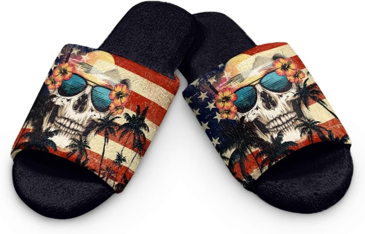 Jeiento 2Pairs Spa Slippers for Women Men Guest Winter Open Toe Fuzzy Slippers Home Shoes Skull Pattern