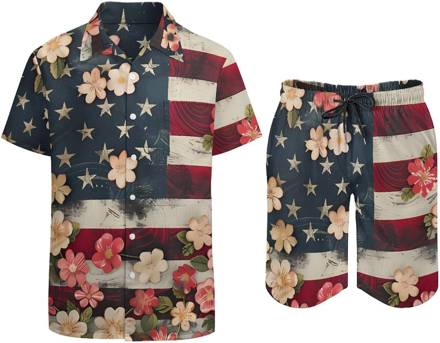 US Flower Flag Men's Summer Beach Outfits Shirt And Shorts Set 2 Piece Vacation Swimwear