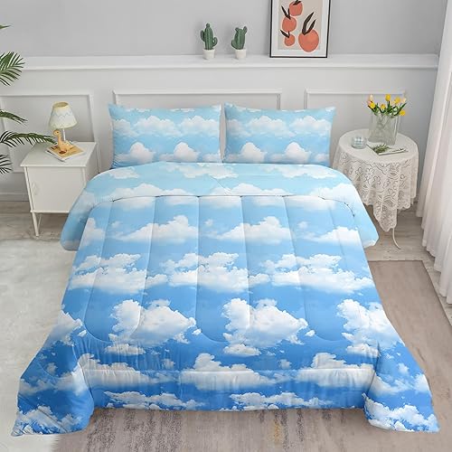 Miniatura 2 de Axolotl Juego de edredón de nube azul, tamaño Queen, juego de ropa de cama azul claro, juego de edredón con diseño de cielo azul y nubes blancas,