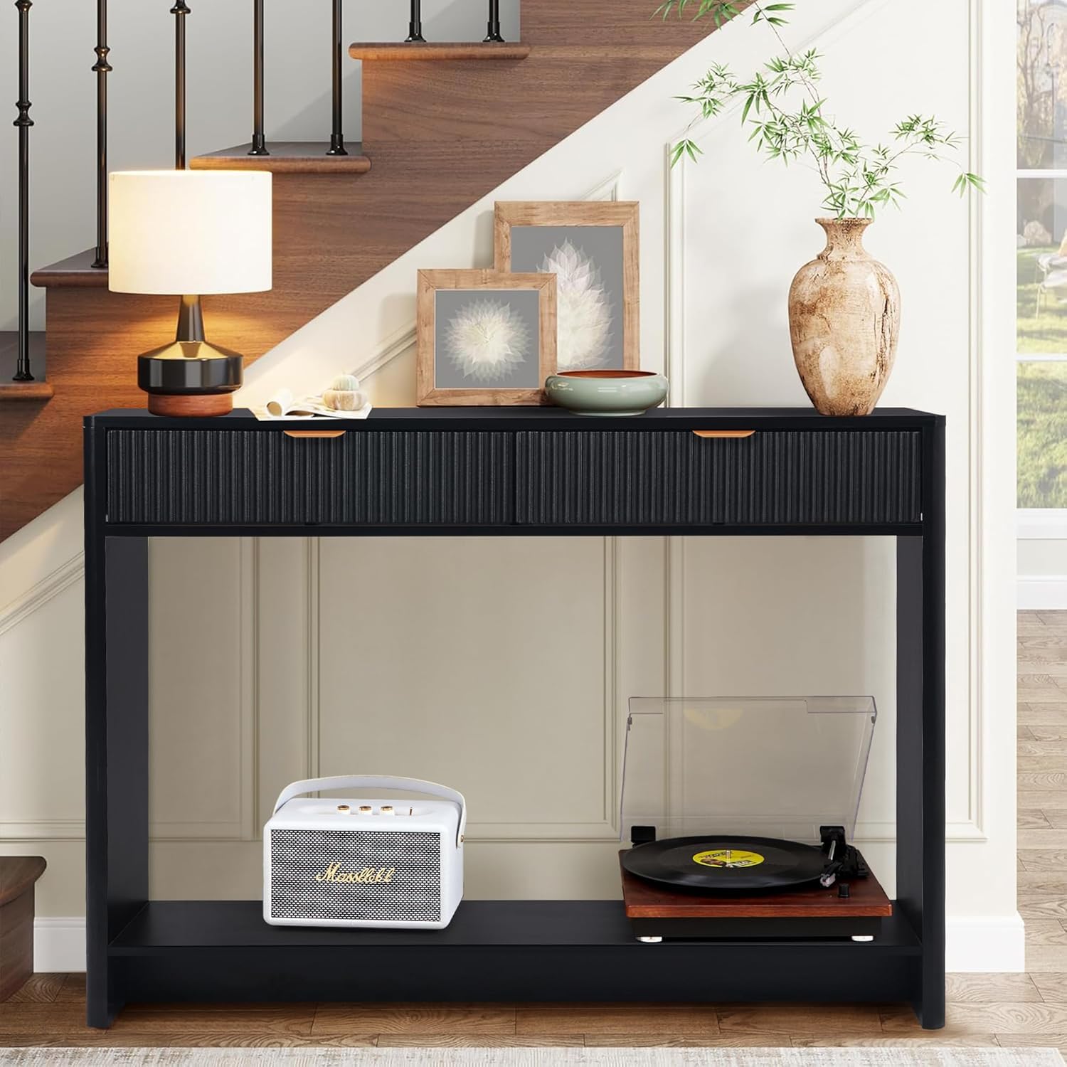 Moderner Flurschrank mit 2 Stauraumeinheiten und Einer hohlen Aufbewahrungsbank | 110 cm breiter Flurschrank, Eingangstisch mit Stauraum, Eingangsdekor (Schwarz)
