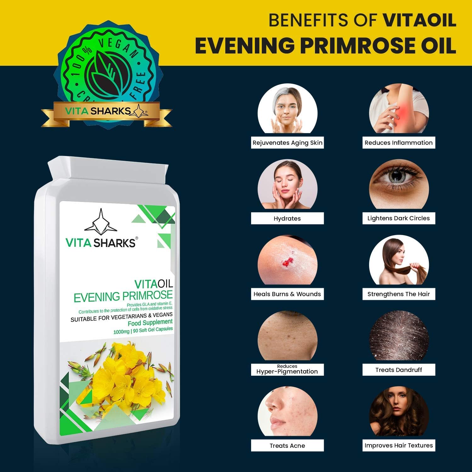 VitaOil Vegan Evening Primrose Oil 1000mg with Omega 6 & Vitamin E. 90
