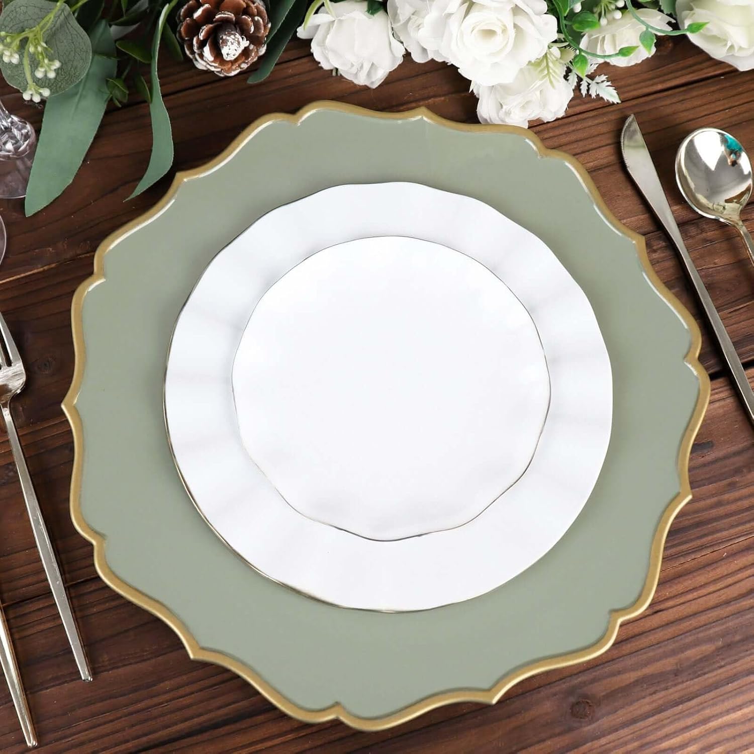13" Charger Plates - Set of 12 - Dusty Sage Green Round Acrylic Chargers with Scalloped Rim, Ideal for Dinner Party Wedding Holiday Bulk Events