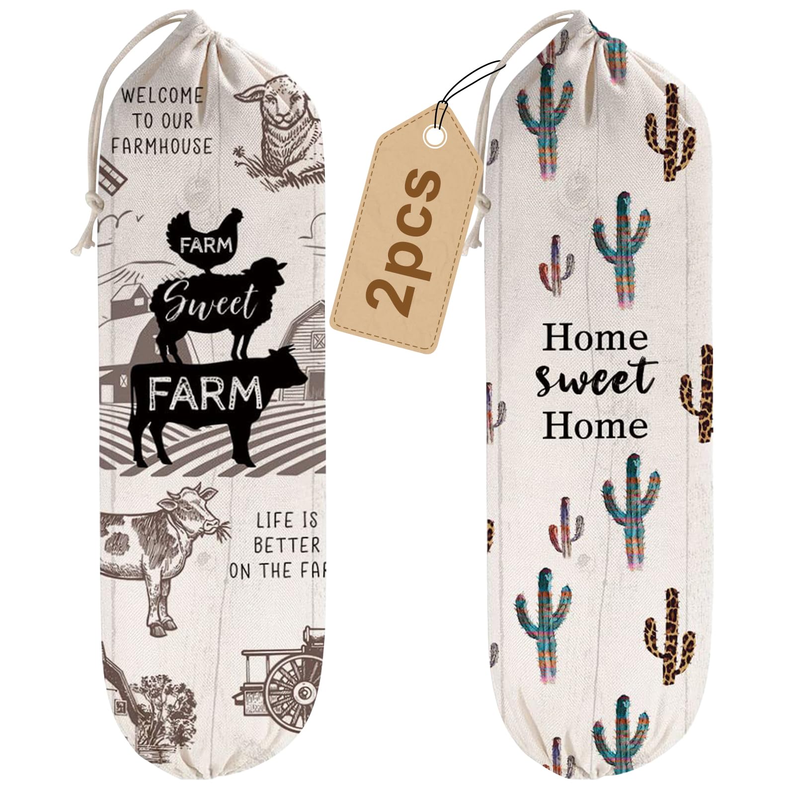 2Pcs Farmhouse Plastic Bag Holder for Kitchen Essentials, Reusable Hanging Grocery Bag Organizer, Washable Large Grocery Trash Bags Storage Dispenser,