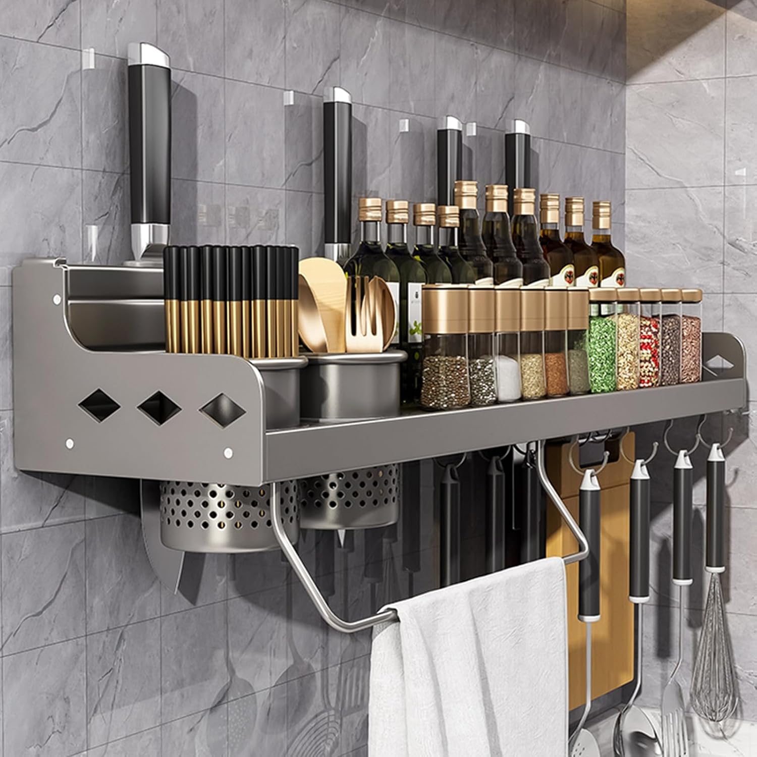 Kitchen Utensil Holder - Wall Mount Knife Rack with Hooks for Organization and Storage