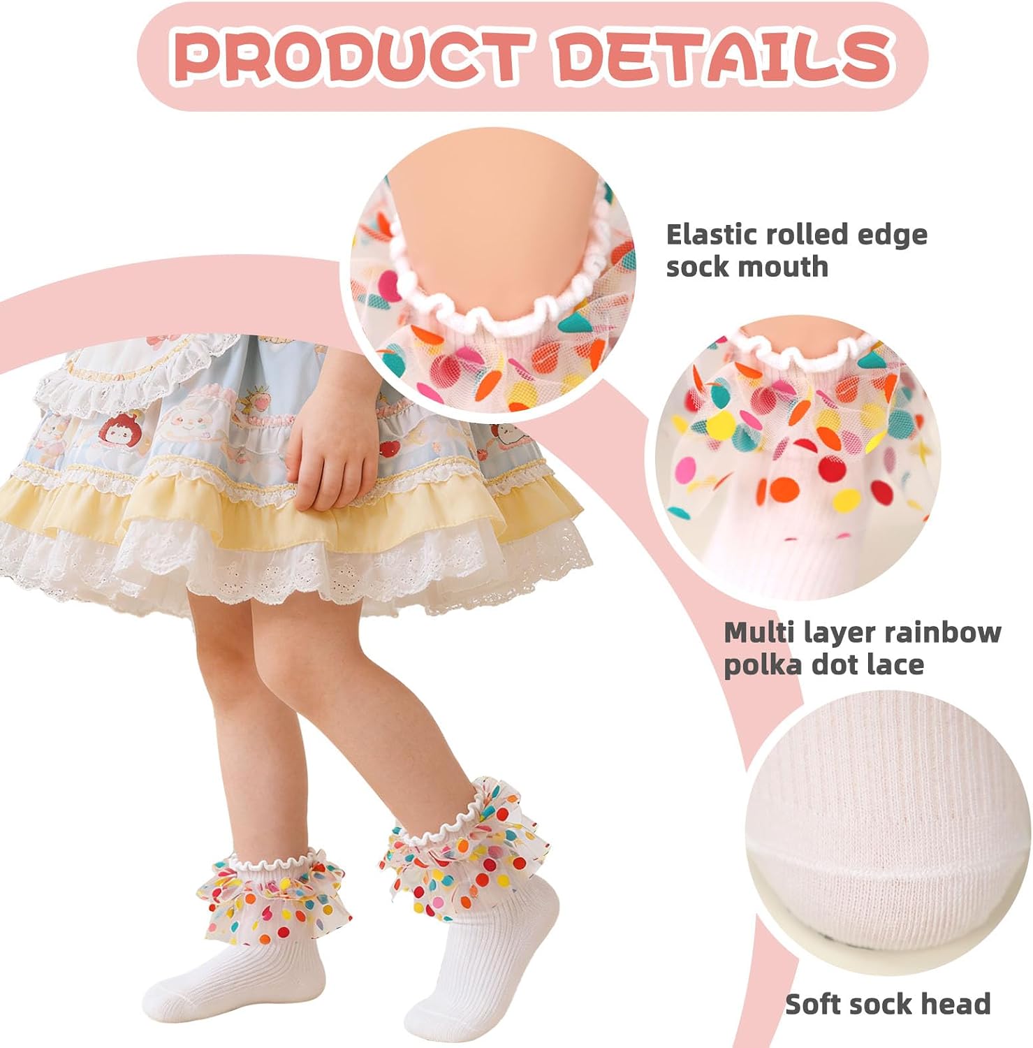 3Packs Girls Ruffle Socks Double Lace Toddler Girl Frilly Dress Socks Colorful Polka Dot Big Ruffles Fold Socks