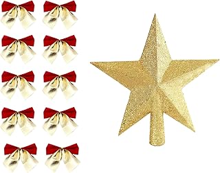 Christmas Tree Topper Star with 10 Christmas Bows for Xmas Trees Decoration, Light Weight Glitter Christmas Tree Top for Nativity Decor Ornament