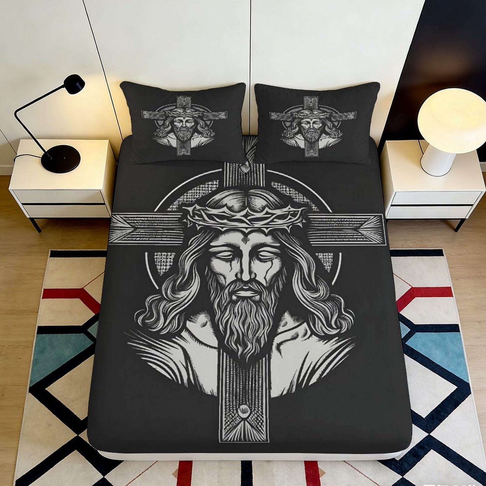 3D Printed Jesus Cross Fitted Sheet Microfiber Soft Breathable Religious Bed Cover for Bedroom Dormitory Guest Room Mattress Protection Decor 120x200x25cm
